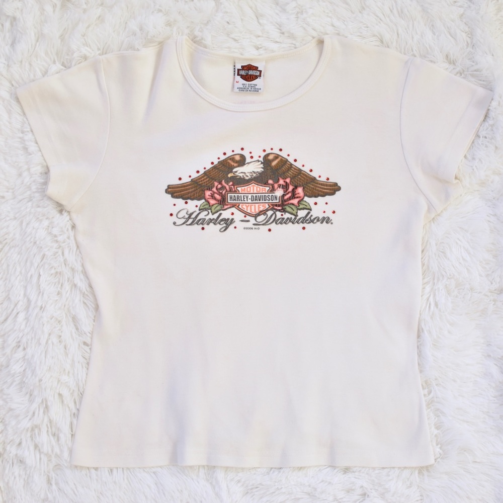 Harley Davidson Rhinestone Eagle Rose Print Tee - Picture 2 of 8